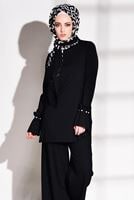 Tesettür giyim SİYAH KOLLARI VOLANLI FİTİLLİ PANTOLONLU TAKIM 7975