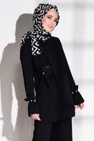 Tesettür giyim SİYAH KOLLARI VOLANLI FİTİLLİ PANTOLONLU TAKIM 7975