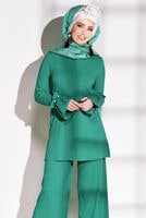 Tesettür giyim YEŞİL KOLLARI VOLANLI FİTİLLİ PANTOLONLU TAKIM 7975