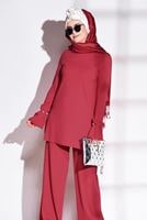 Tesettür giyim KIRMIZI KOLLARI VOLANLI FİTİLLİ PANTOLONLU TAKIM 7975