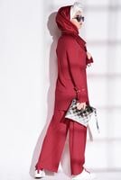 Tesettür giyim KIRMIZI KOLLARI VOLANLI FİTİLLİ PANTOLONLU TAKIM 7975