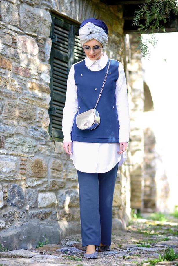 Vêtements hijab  STONE DETAIL SUIT WITH PANTS 8656   - TRENDTESETTÜR