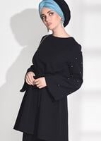 Tesettür giyim SİYAH T 8675 Asmiray-Boncuk İşlemeli  Pantolonlu Takım