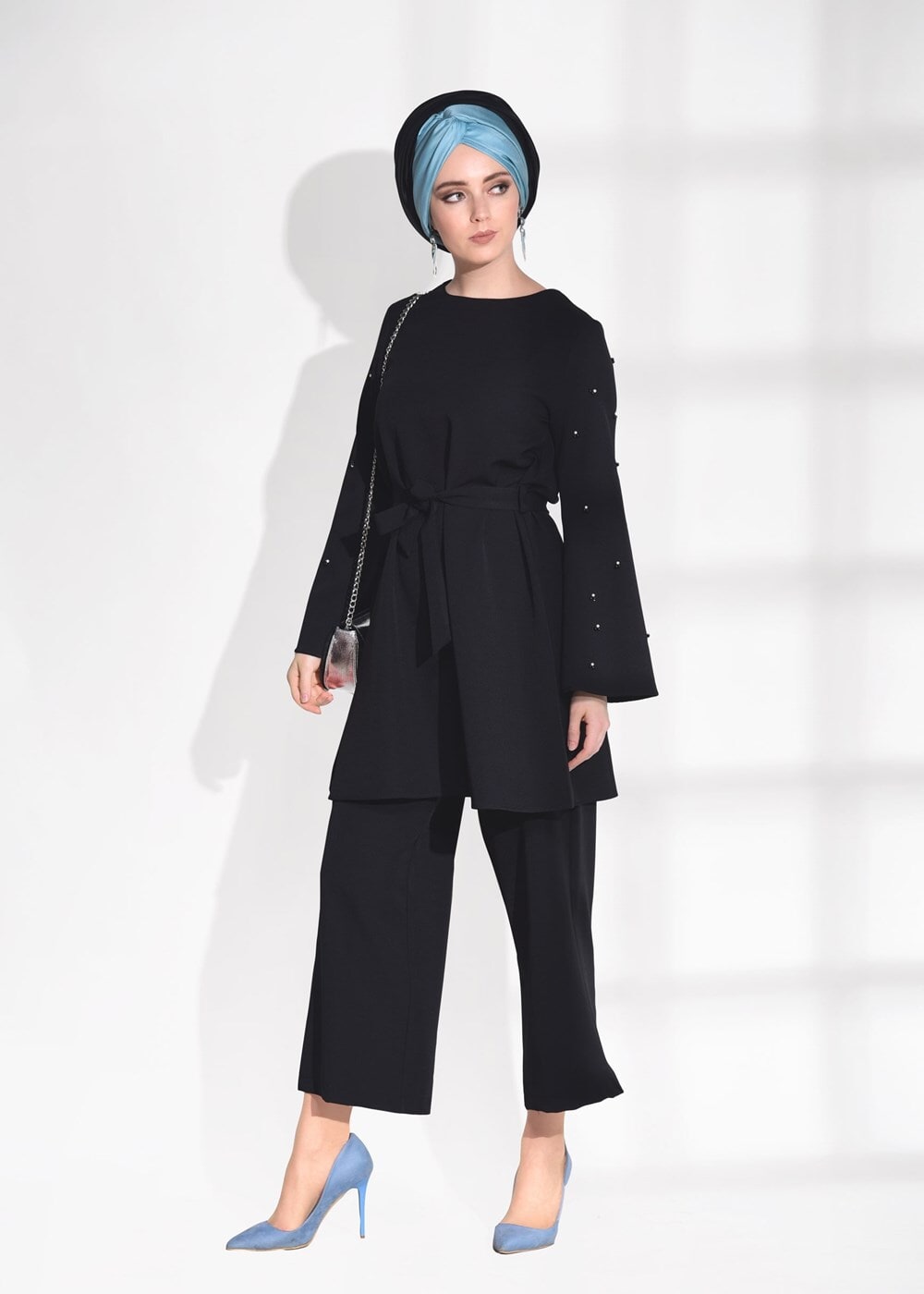 Tesettür giyim SİYAH T 8675 Asmiray-Boncuk İşlemeli  Pantolonlu Takım