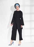 Tesettür giyim SİYAH T 8675 Asmiray-Boncuk İşlemeli  Pantolonlu Takım