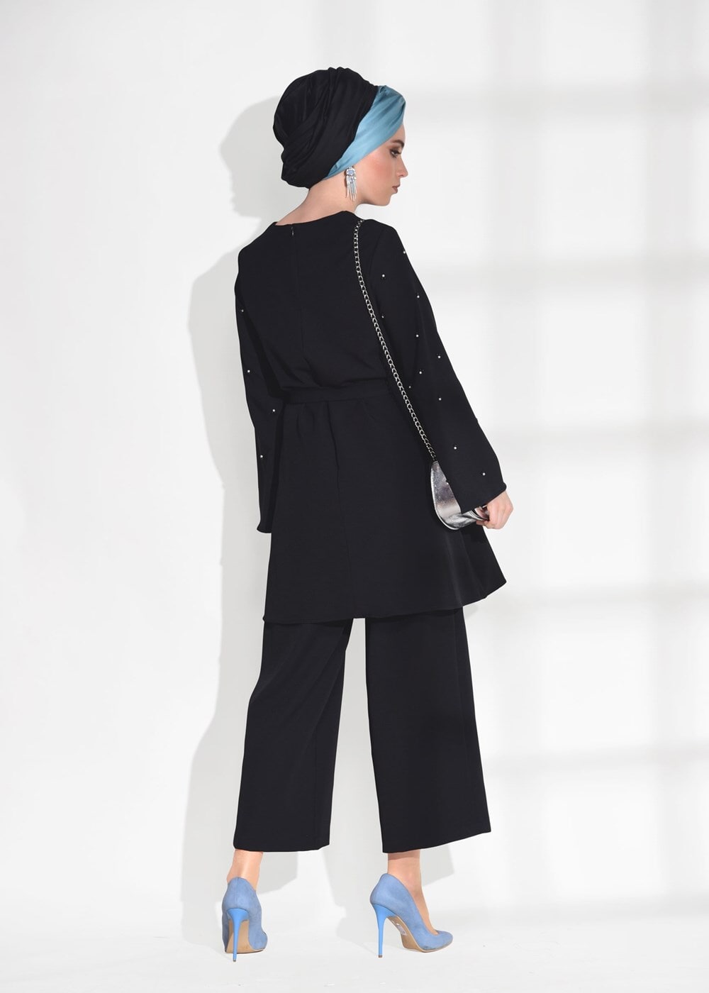 Tesettür giyim SİYAH T 8675 Asmiray-Boncuk İşlemeli  Pantolonlu Takım