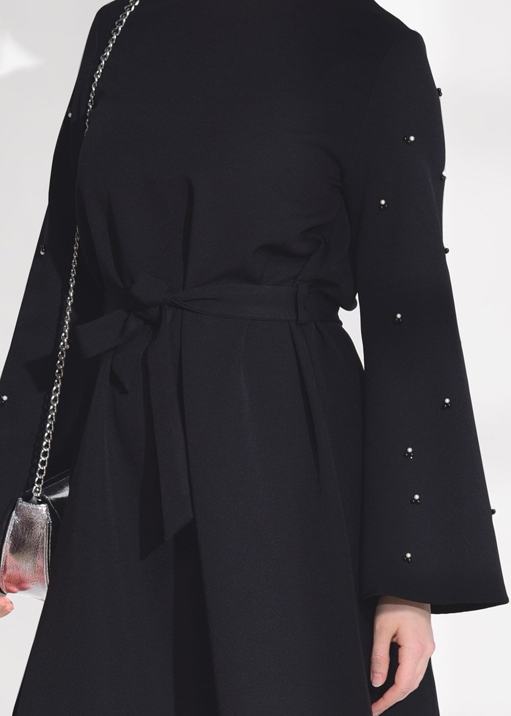 Tesettür giyim SİYAH T 8675 Asmiray-Boncuk İşlemeli  Pantolonlu Takım