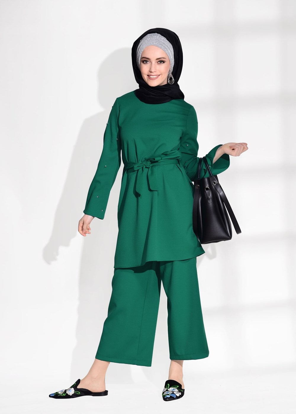 Tesettür giyim YEŞİL T 8675 Asmiray-Boncuk İşlemeli  Pantolonlu Takım