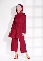Tesettür giyim KIRMIZI T 8675 Asmiray-Boncuk İşlemeli  Pantolonlu Takım