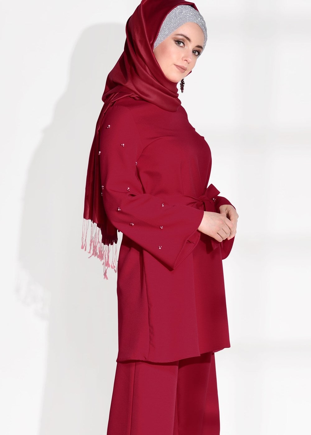 Tesettür giyim KIRMIZI T 8675 Asmiray-Boncuk İşlemeli  Pantolonlu Takım