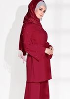 Tesettür giyim KIRMIZI T 8675 Asmiray-Boncuk İşlemeli  Pantolonlu Takım