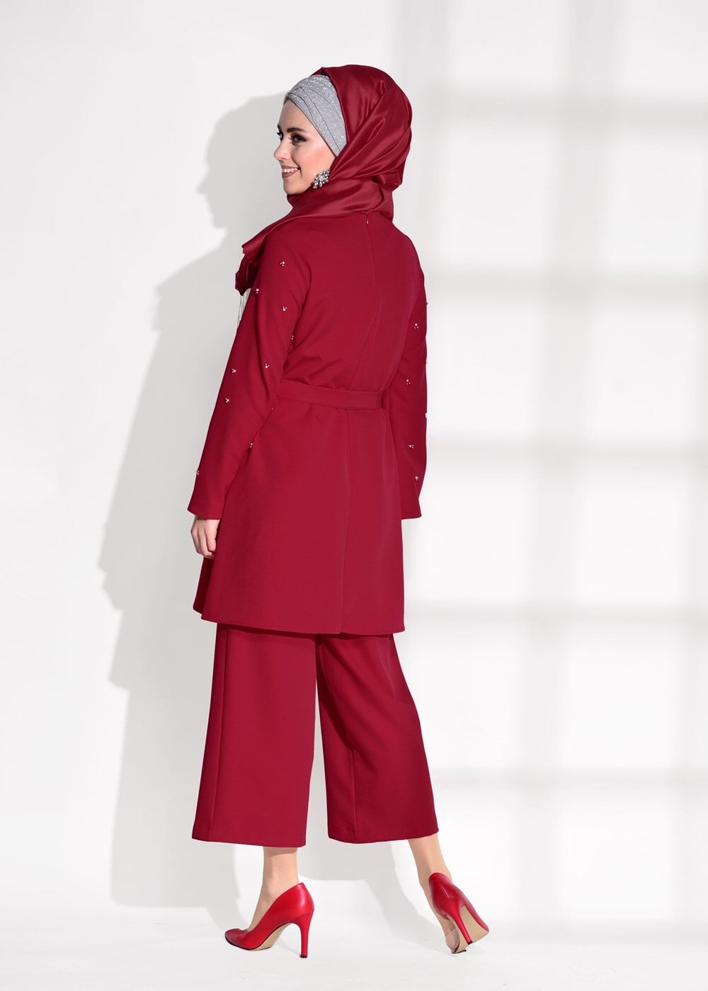 Tesettür giyim KIRMIZI T 8675 Asmiray-Boncuk İşlemeli  Pantolonlu Takım
