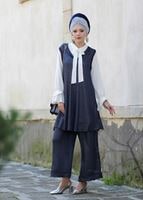 Tesettür giyim LACİVERT T 8955 Asmiray- Fırfır Detaylı Pantolonlu Takım