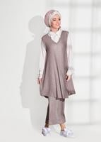 Tesettür giyim PUDRA T 8955 Asmiray- Fırfır Detaylı Pantolonlu Takım