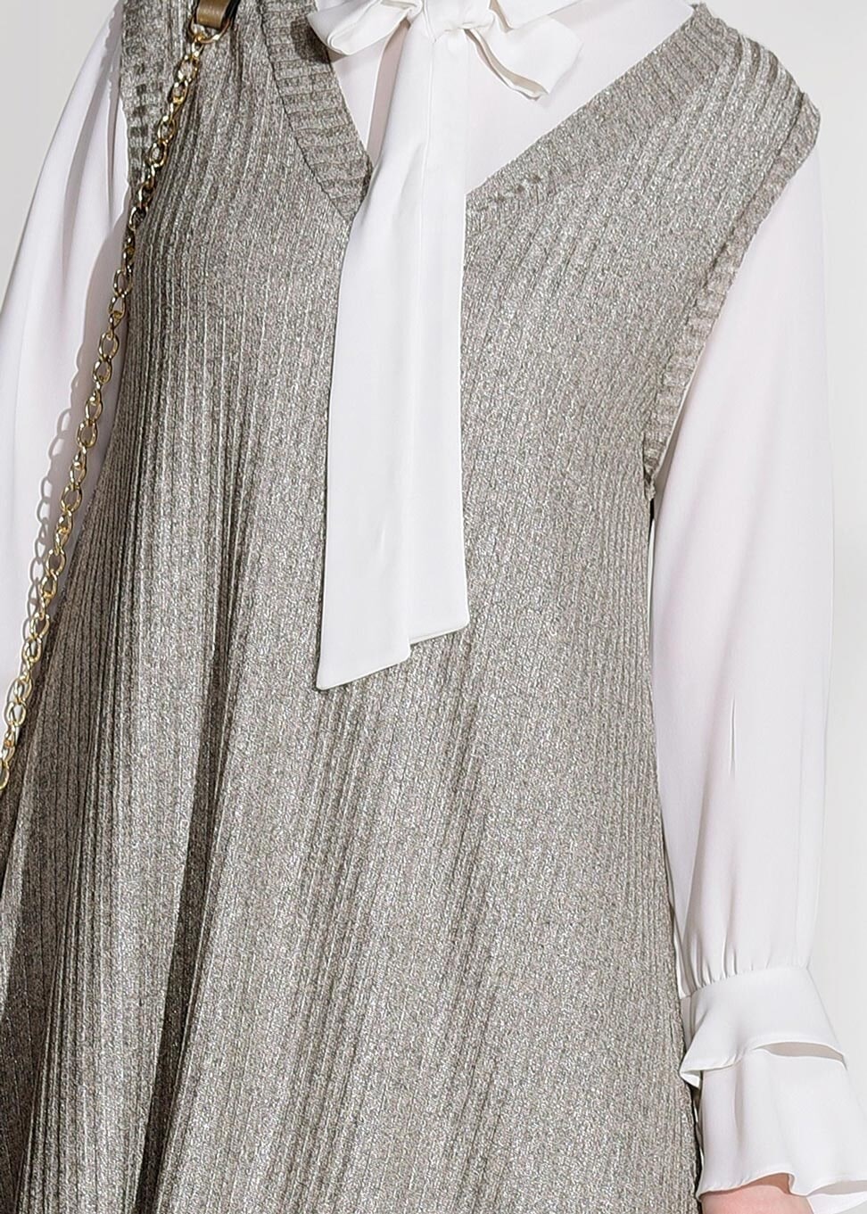 Tesettür giyim VİZON T 8955 Asmiray- Fırfır Detaylı Pantolonlu Takım