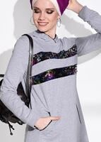 Tesettür giyim GRİ PUL PAYET DETAYLI PANTOLONLU TAKIM 9908