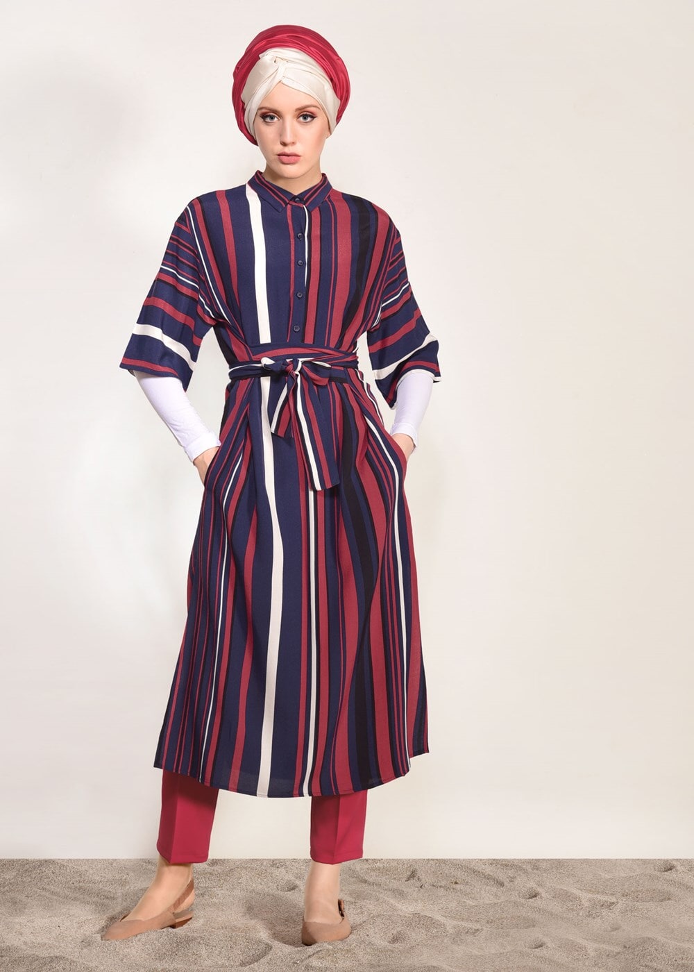 Hijab clothing NAVY BLUE SHORT SLEEVED STRIPED TUNIC 10082-1 