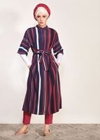 Tesettür giyim LACİVERT T 10082-1 Frank Ny-Kısa Kol Çizgili Tunik