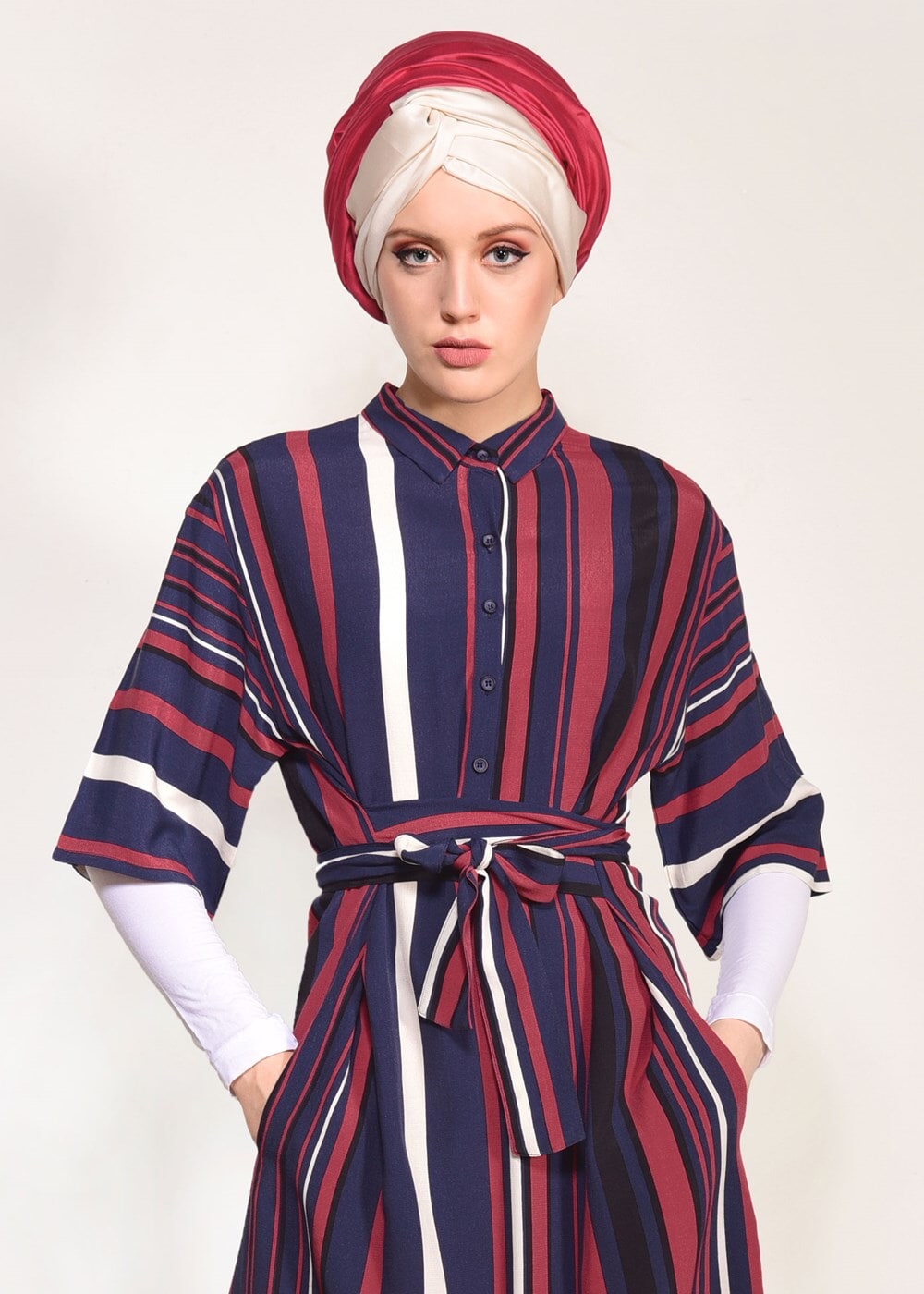 Tesettür giyim LACİVERT T 10082-1 Frank Ny-Kısa Kol Çizgili Tunik