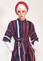 Tesettür giyim LACİVERT T 10082-1 Frank Ny-Kısa Kol Çizgili Tunik