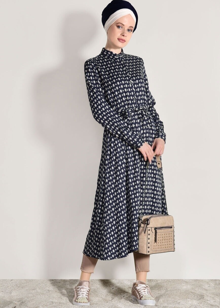 Tesettür giyim LACİVERT T 20082-4 Frank Ny-  Desenli Uzun Tunik