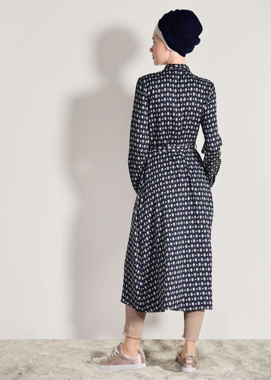 Tesettür giyim LACİVERT T 20082-4 Frank Ny-  Desenli Uzun Tunik