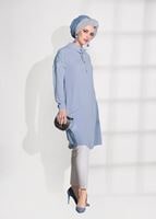 Tesettür giyim MAVİ T 61781-1 Elegance- Kol Kısmı işleme Detaylı Tunik