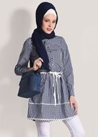 Tesettür giyim LACİVERT T 050062 Frank Ny- Kare Desenli Tunik