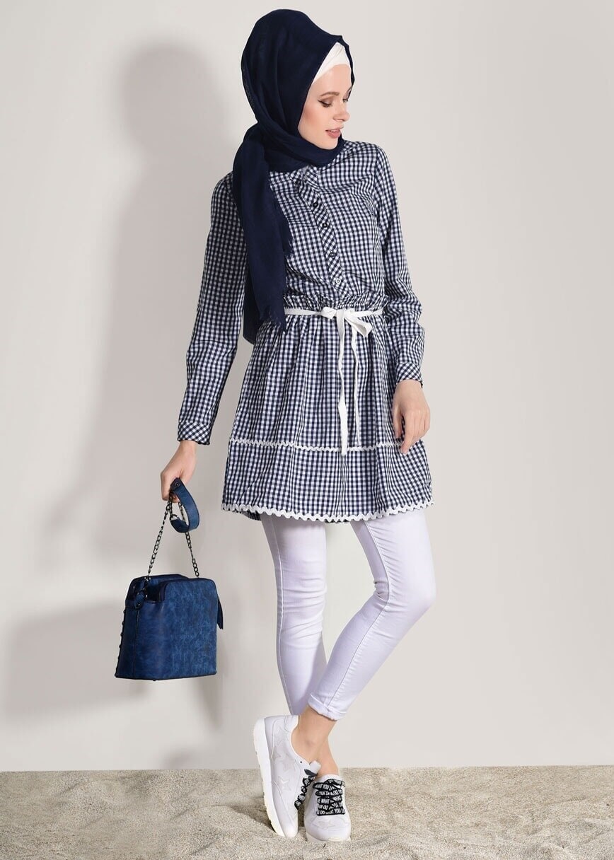 Tesettür giyim LACİVERT T 050062 Frank Ny- Kare Desenli Tunik