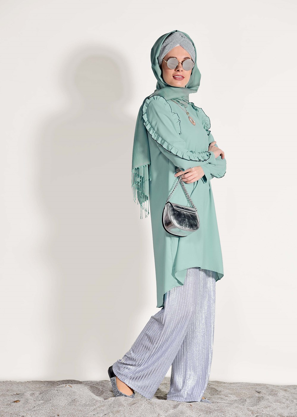 Hijab clothing GREEN RUFFLE DETAILED TUNIC 162310
