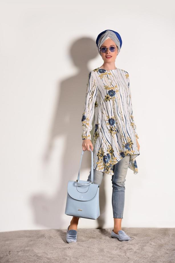 Tesettür giyim  T 3035-1 Pr Collection- Çiçek Desenli Tunik - TRENDTESETTÜR