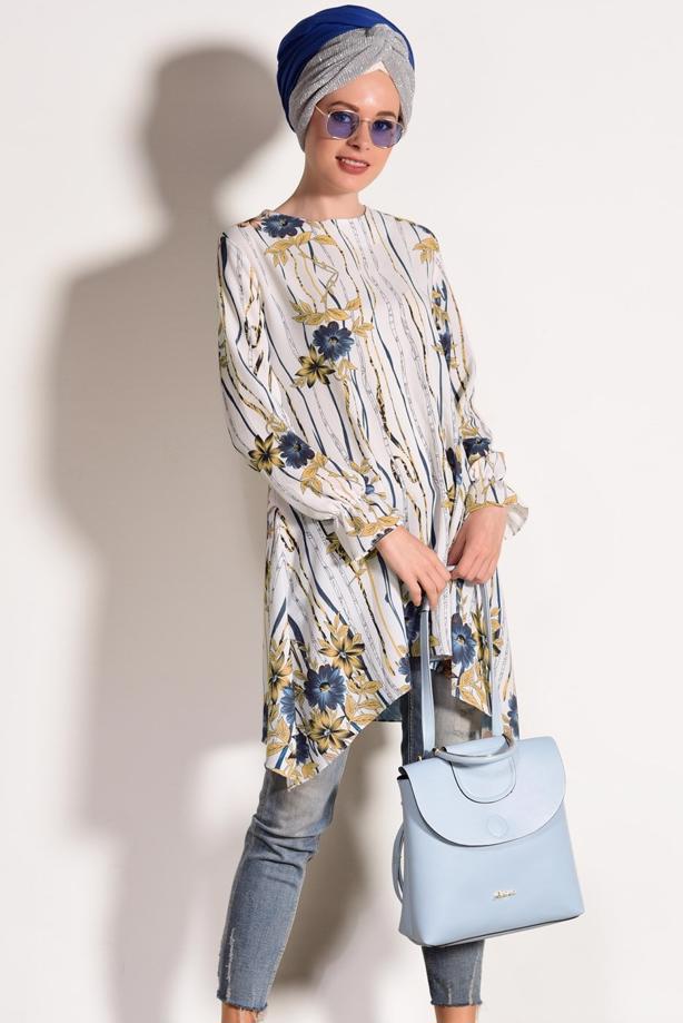 Tesettür giyim  T 3035-1 Pr Collection- Çiçek Desenli Tunik - TRENDTESETTÜR