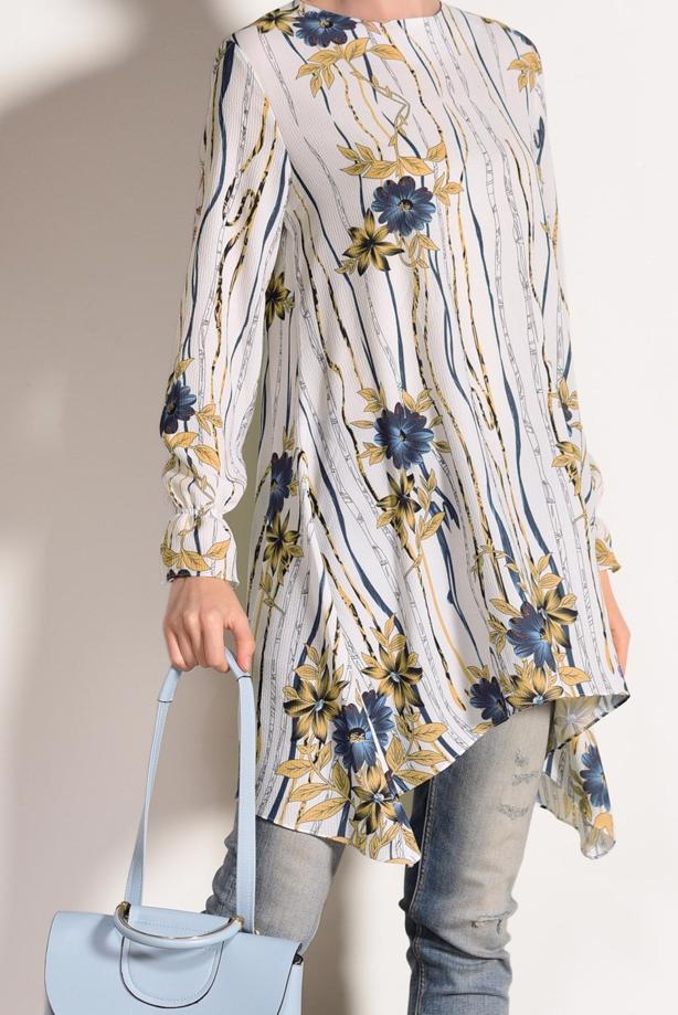 Tesettür giyim  T 3035-1 Pr Collection- Çiçek Desenli Tunik - TRENDTESETTÜR