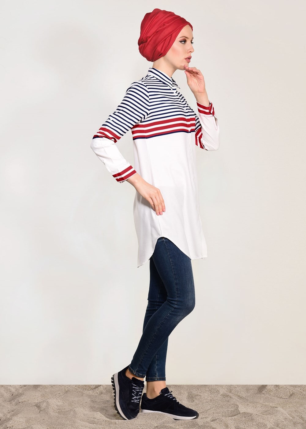 Hijab clothing NAVY BLUE STRIPE DETAIL TUNIC T 3809 