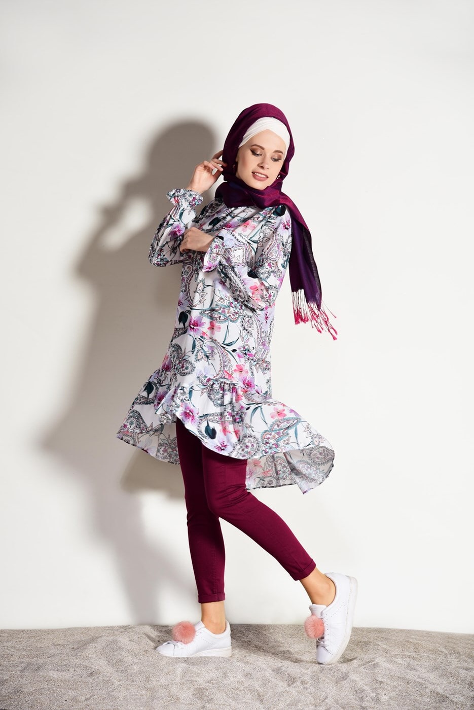 Tesettür giyim KREM T 5968-1 Mısra- Desenli Tunik