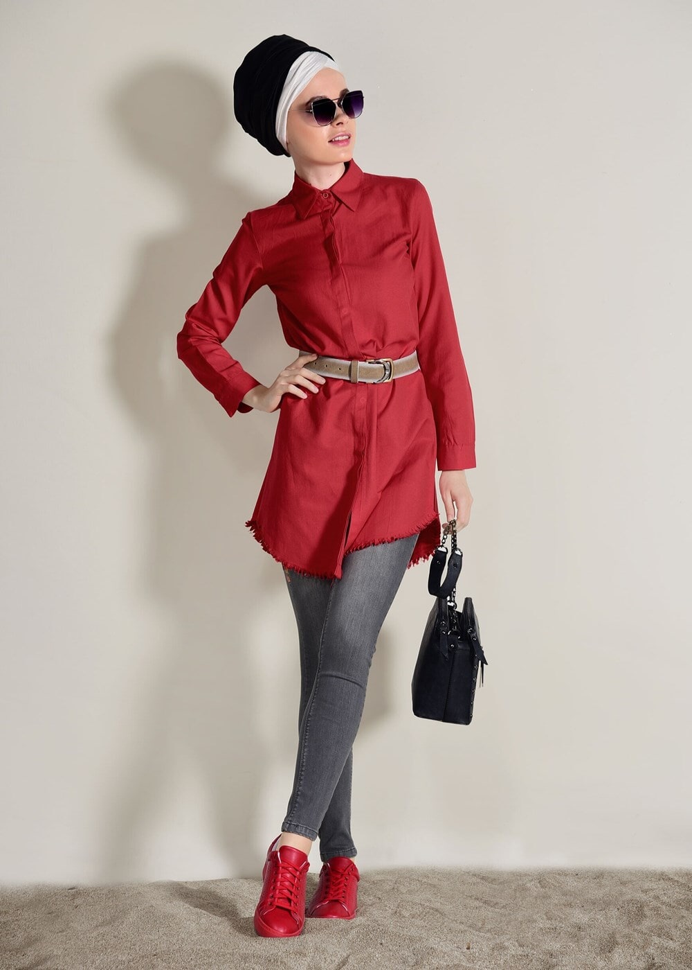 Hijab clothing RED FRINGE DETAIL TUNIC 6365 