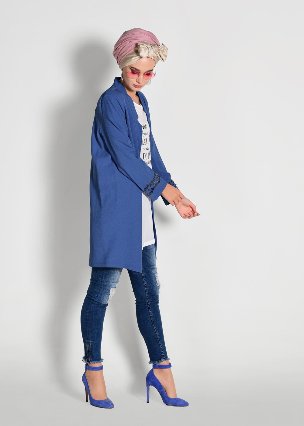 Tesettür giyim LACİVERT BASKILI CEKETİ İŞLEME DETAYLI 2′Lİ TUNİK 01951