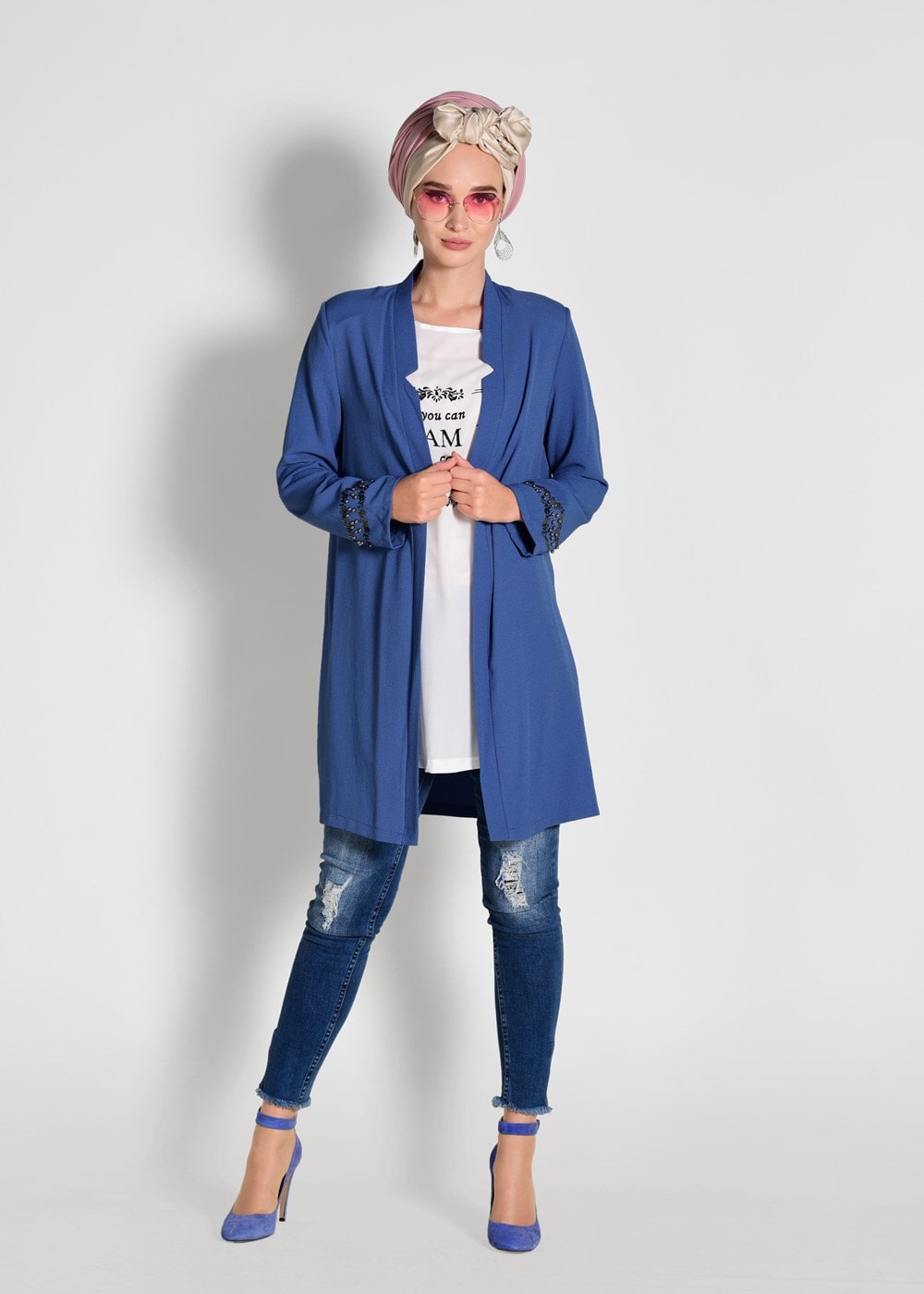 Tesettür giyim LACİVERT BASKILI CEKETİ İŞLEME DETAYLI 2′Lİ TUNİK 01951