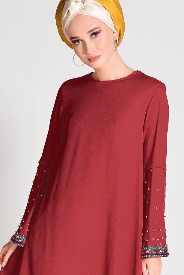 Tesettür giyim  BONCUK İŞLEMELİ ASİMETRİK KESİM TUNİK 02071 - TRENDTESETTÜR