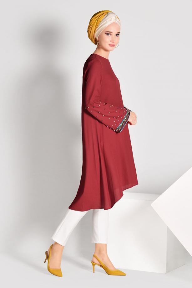 Tesettür giyim  BONCUK İŞLEMELİ ASİMETRİK KESİM TUNİK 02071 - TRENDTESETTÜR