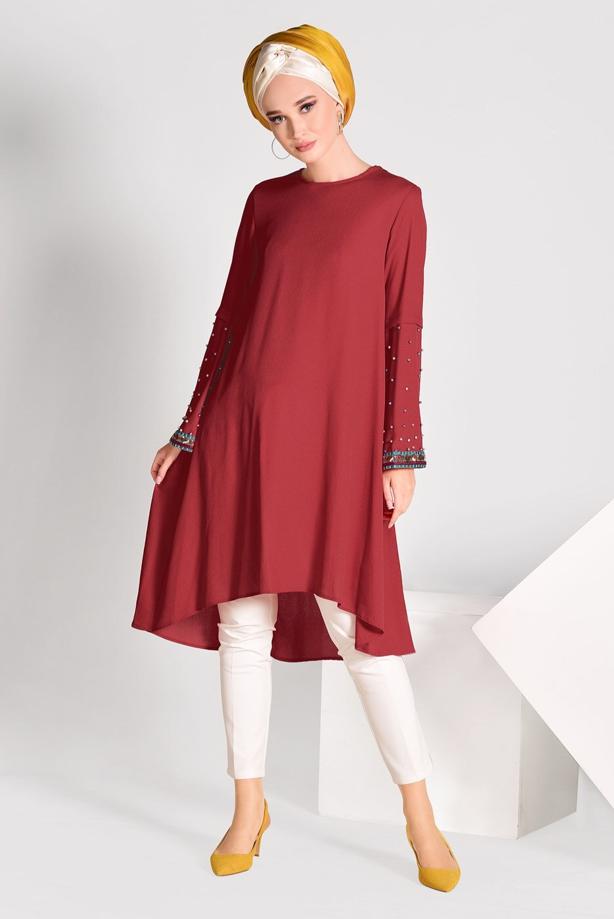 Tesettür giyim  BONCUK İŞLEMELİ ASİMETRİK KESİM TUNİK 02071 - TRENDTESETTÜR