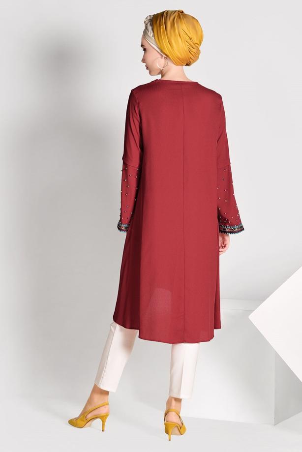 Tesettür giyim  BONCUK İŞLEMELİ ASİMETRİK KESİM TUNİK 02071 - TRENDTESETTÜR