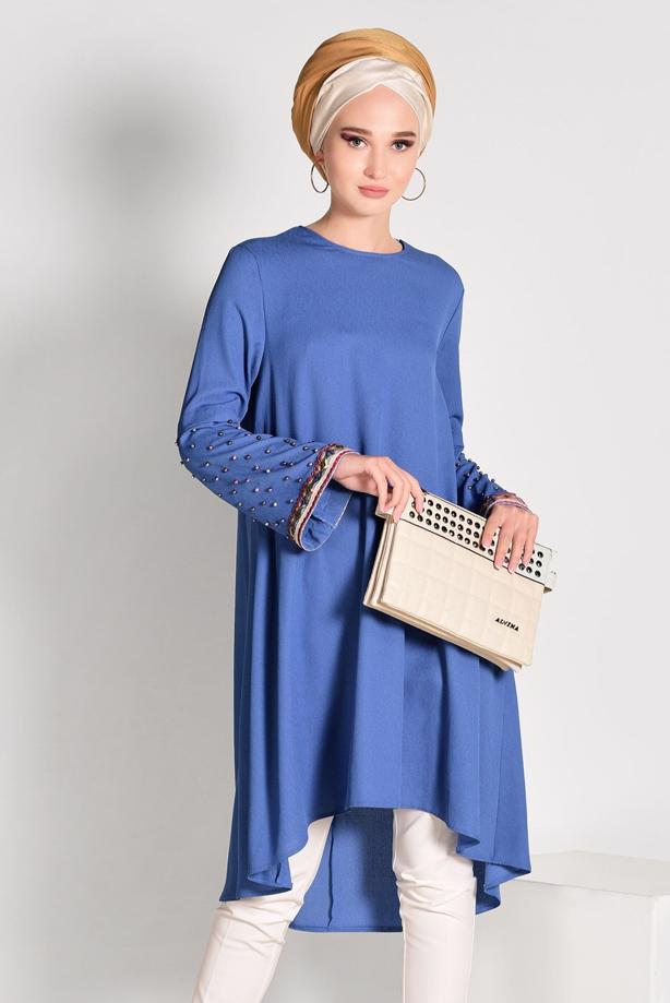 Tesettür giyim  BONCUK İŞLEMELİ ASİMETRİK KESİM TUNİK 02071 - TRENDTESETTÜR