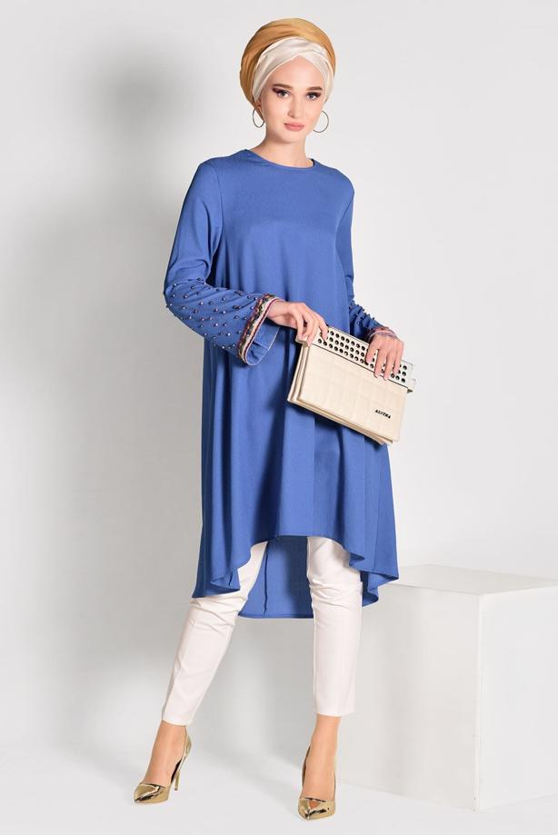 Tesettür giyim  BONCUK İŞLEMELİ ASİMETRİK KESİM TUNİK 02071 - TRENDTESETTÜR