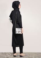 Tesettür giyim SİYAH T 02371 İkoll- Boncuk İşlemeli Uzun Tunik