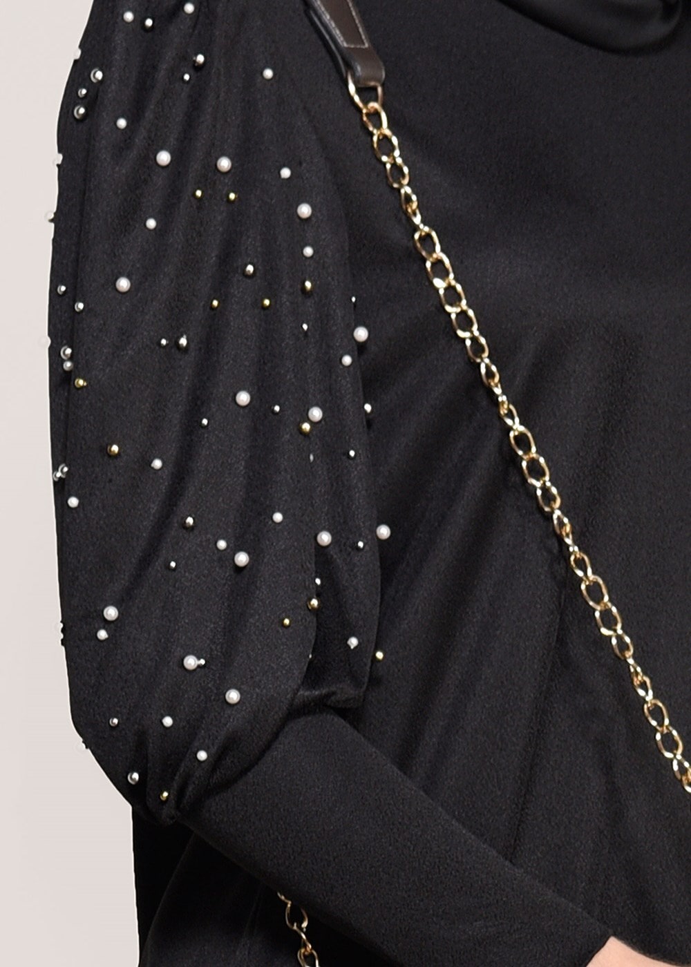 Tesettür giyim SİYAH T 02371 İkoll- Boncuk İşlemeli Uzun Tunik