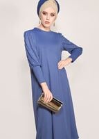 Tesettür giyim LACİVERT T 02371 İkoll- Boncuk İşlemeli Uzun Tunik