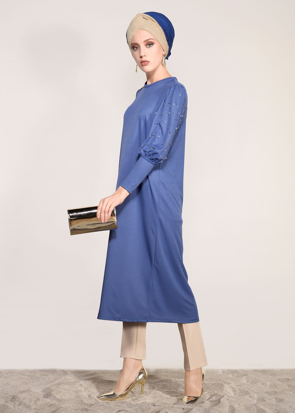 Tesettür giyim LACİVERT T 02371 İkoll- Boncuk İşlemeli Uzun Tunik