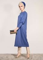 Tesettür giyim LACİVERT T 02371 İkoll- Boncuk İşlemeli Uzun Tunik