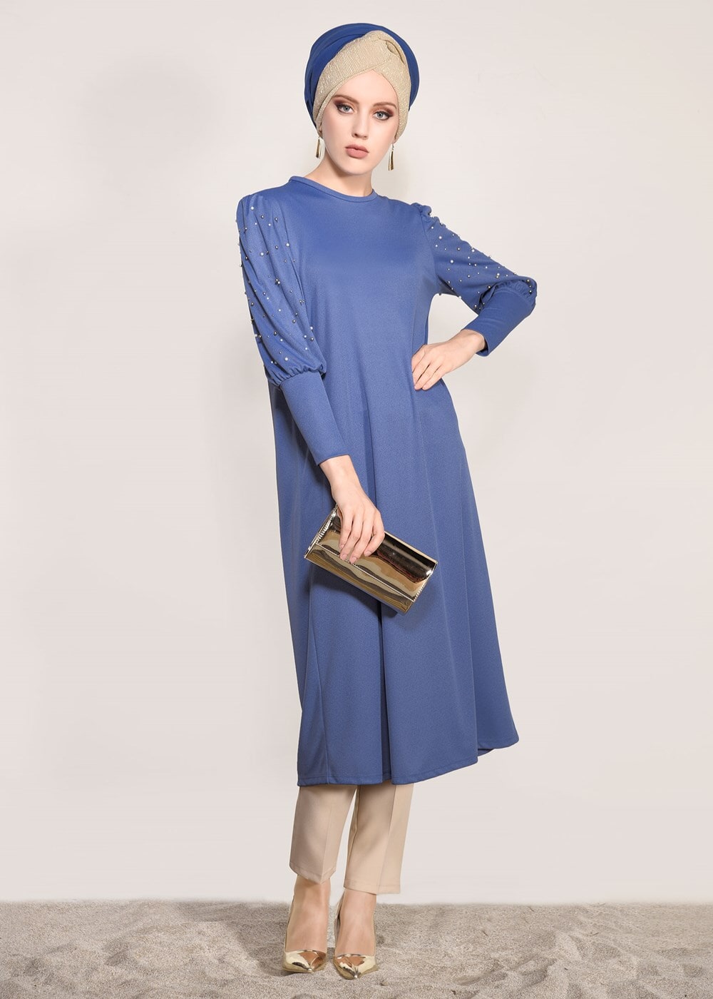 Tesettür giyim LACİVERT T 02371 İkoll- Boncuk İşlemeli Uzun Tunik